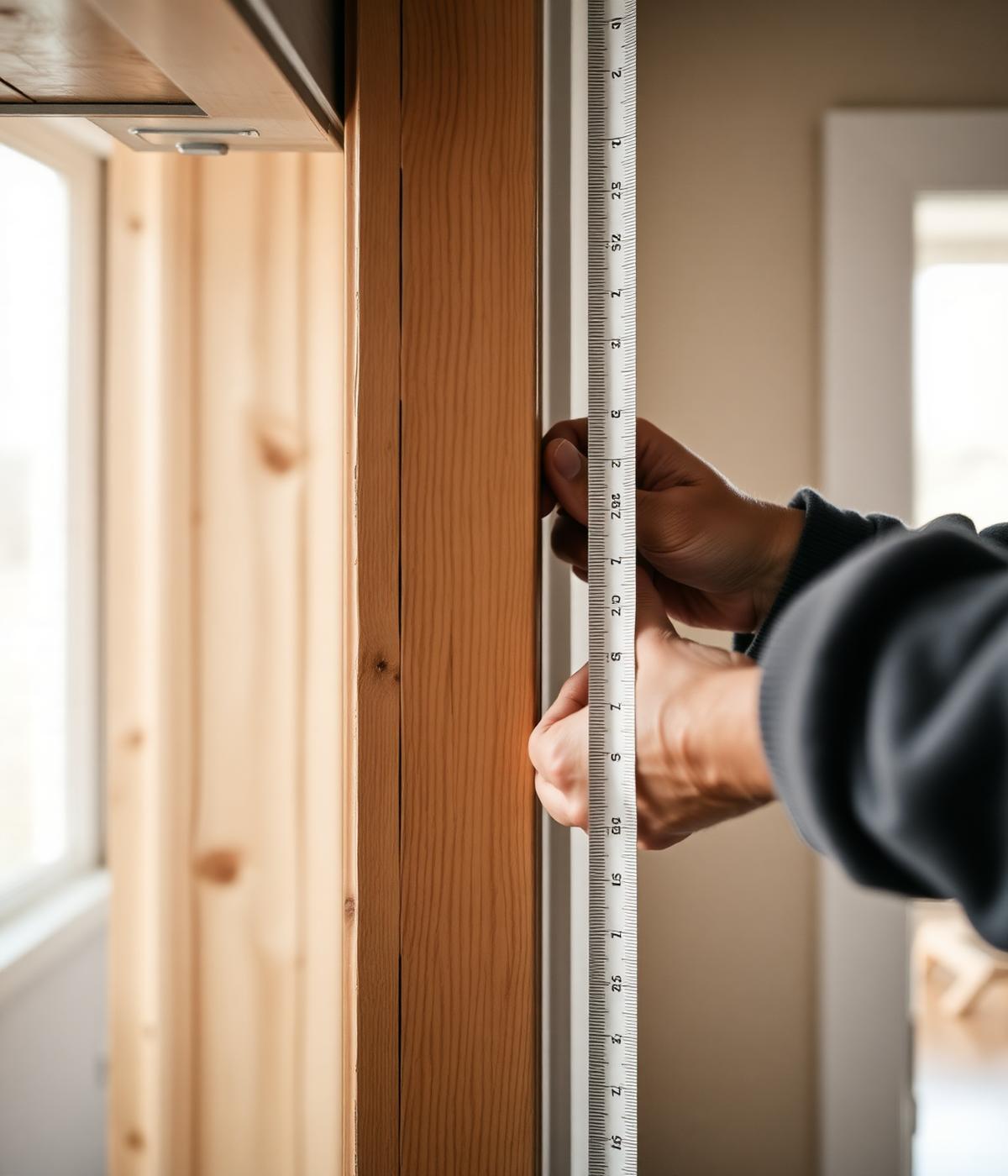 Craftsperson measuring oak trim during a renovation